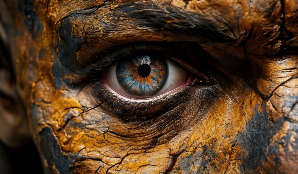 Macro detail of a wrathful deity's eye on a human skin thangka, showing pigment texture.